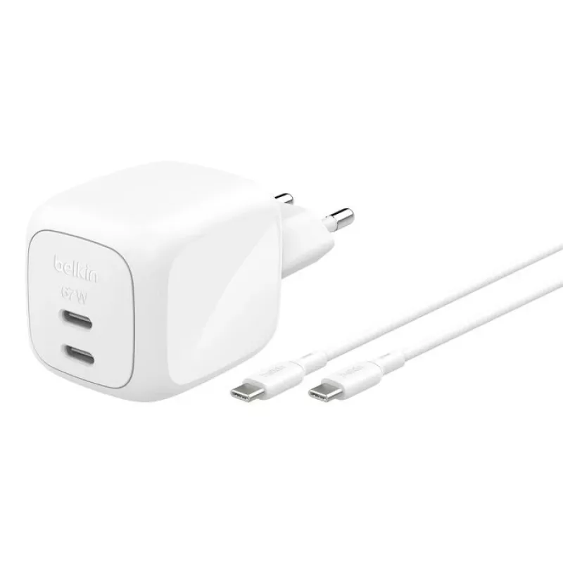 Wewnętrzna szybka ładowarka AC Belkin WCH020KQ2MWH-B6 — 2x USB‑C, 2 m zintegrowany kabel, biała