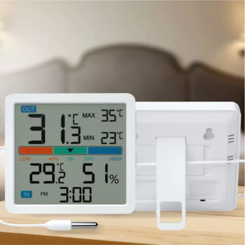 Termohigrometr MANTA MTO002W z czujnikiem zewnętrznym (150 cm), wewnątrz 0–+50°C, na zewnątrz -40–+70°C, wilgotność 20–95% RH, wskaźnik komfortu, zegar