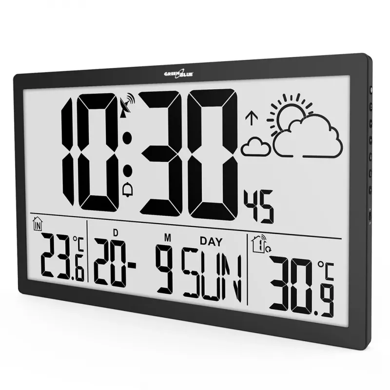 Zegar ścienny GreenBlue GB218 — bardzo duży wyświetlacz LCD, stacja pogodowa, temperatury wewnętrzna i zewnętrzna, wyświetlanie daty