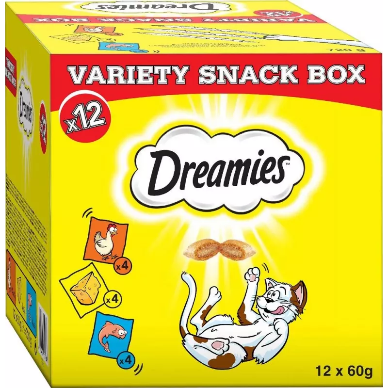 Przysmaki dla kota Dreamies ser, kurczak, łosoś zestaw 12×60 g — mięsne stałe przekąski, białko 31%, tłuszcz 21%