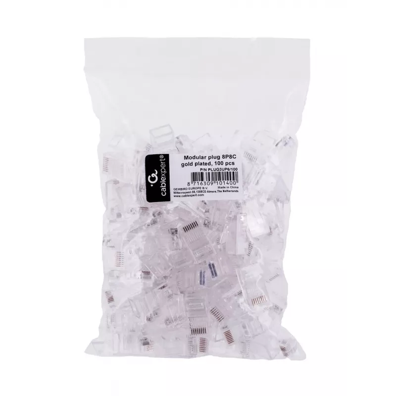 Wtyk RJ45 GEMBIRD PLUG3UP6/100, Cat5, prosty męski, przezroczysty, złote styki, opakowanie 100 szt.