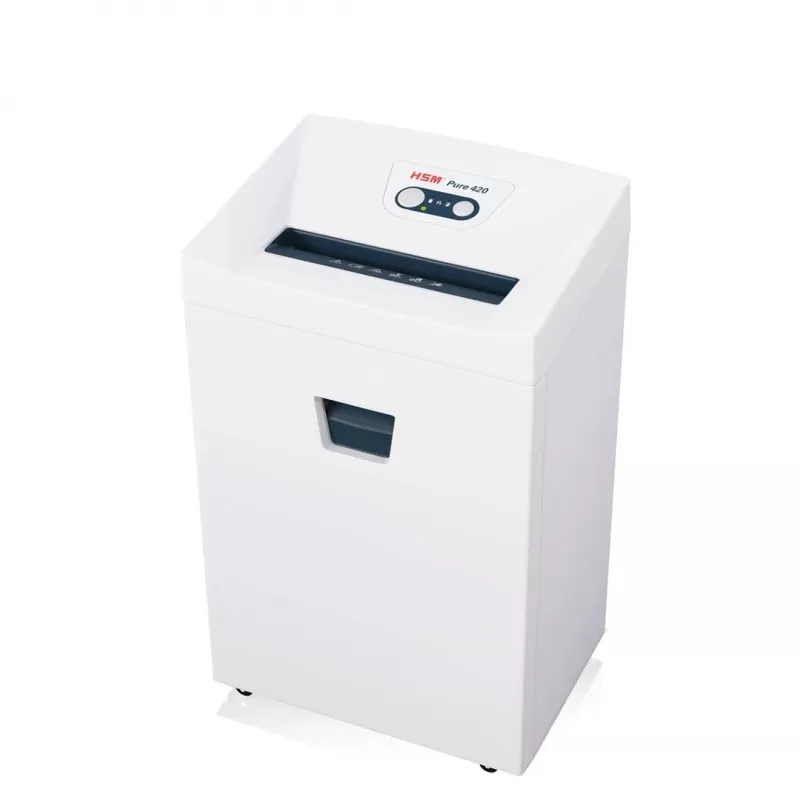 Niszczarka HSM Pure 420 — ścinkowa P-4, szerokość robocza 24 cm, pojemność 15 arkuszy, kosz 35 l, biały