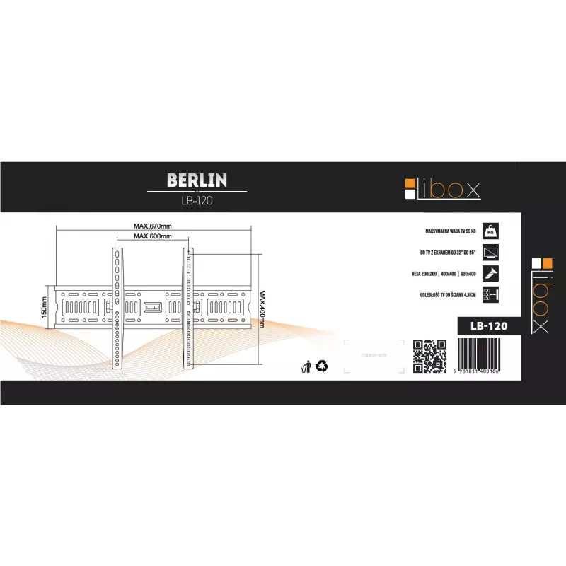 Uchwyt do telewizora ścienny LIBOX LB-120 dla 32–85 cali (81,3 cm–2,16 m), do 55 kg, VESA 200x200–600x400, odchylany, stal, czarny