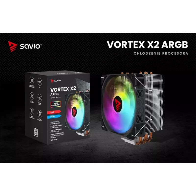 Chłodzenie procesora SAVIO SAVGCOVORTEXX2ARGB z 4 rurkami cieplnymi, wentylatorem 120 mm ARGB, czarne