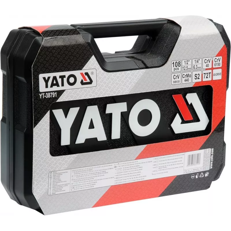 Zestaw kluczy nasadowych YATO YT-38791 — 108 elementów, napęd 1/2 cala, zawiera grzechotkę, czarna walizka