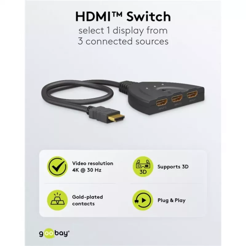 Goobay | Przełącznik HDMI 3 na 1 (4K @ 30 Hz) | 58487 | Czarny | HDMI żeńskie | 3 HDMI żeńskie | 0,58 m