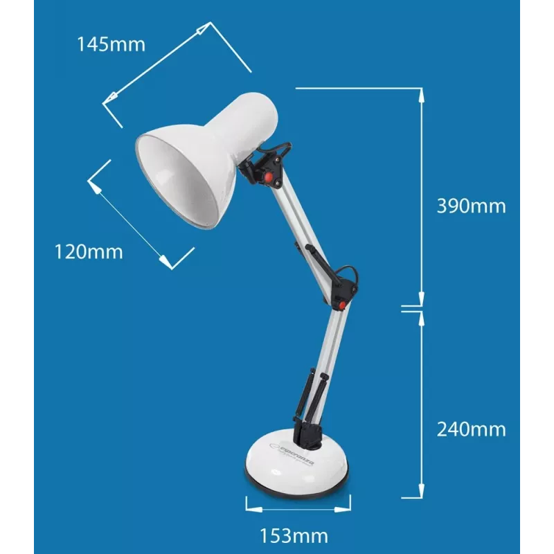 Lampa stołowa ESPERANZA AVIOR E27 12W LED, czarna, regulowana wysokość, giętkie ramię, gniazdo E27