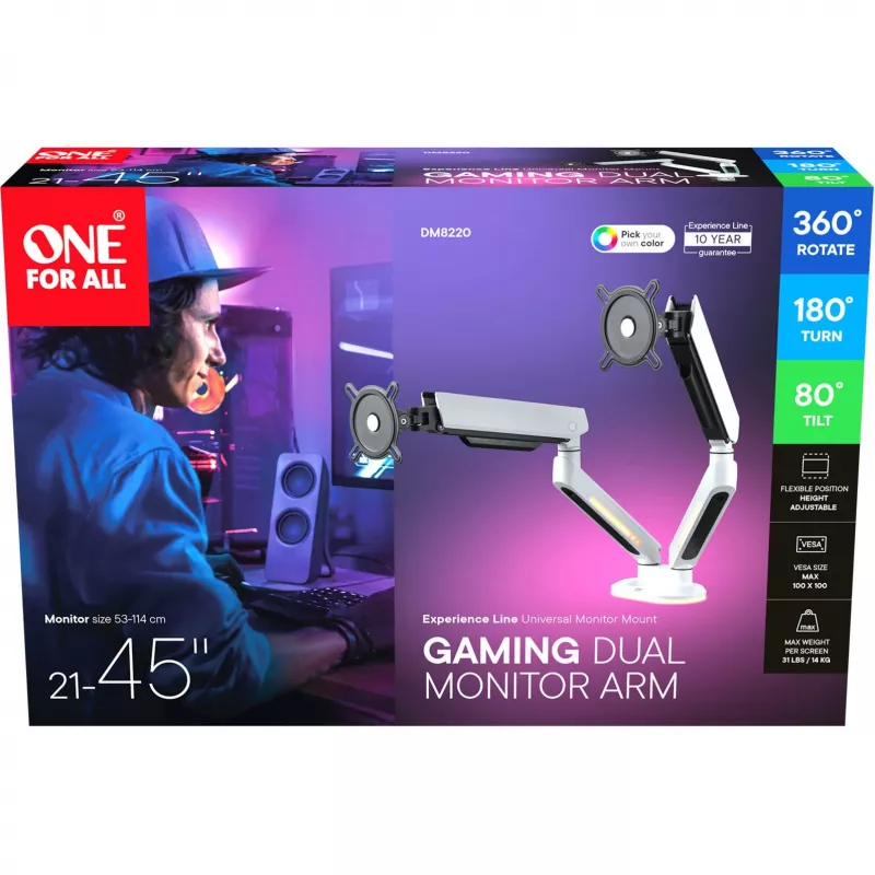 Uniwersalne podwójne ramię do monitora do gier (DM8220), uchwyt monitora biały, RGB
