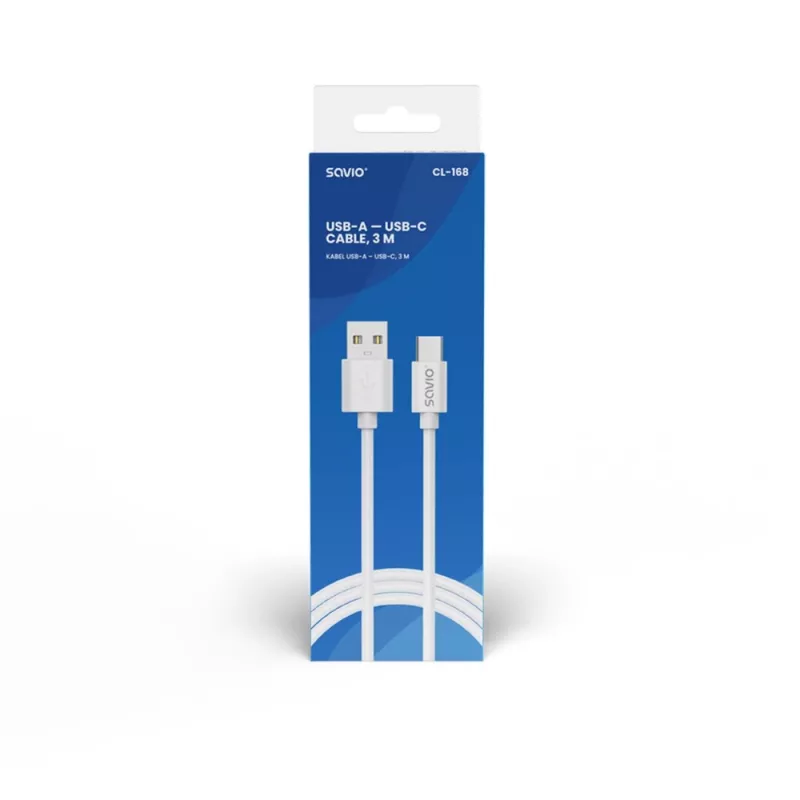 Kabel USB 2.0 SAVIO CL-168, USB A (męski) do USB C (męski), 3 m, biały