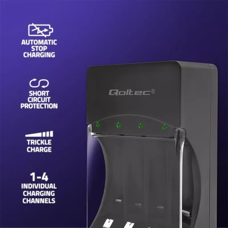 Ładowarka QOLTEC 50653 do akumulatorów Ni‑MH AAA (R03) i AA (R6), wejście 220–240 V, wyjście 1,2 V