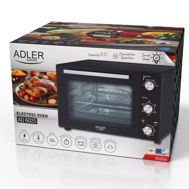 Piekarnik elektryczny Adler AD 6025 — pojemność 35 L, 1500 W, czarny