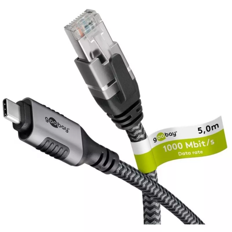 Kabel Ethernet USB-C 3.2 Gen2 wtyczka > wtyczka RJ-45 (czarny/srebrny, 5 metrów, pleciona osłona tekstylna)