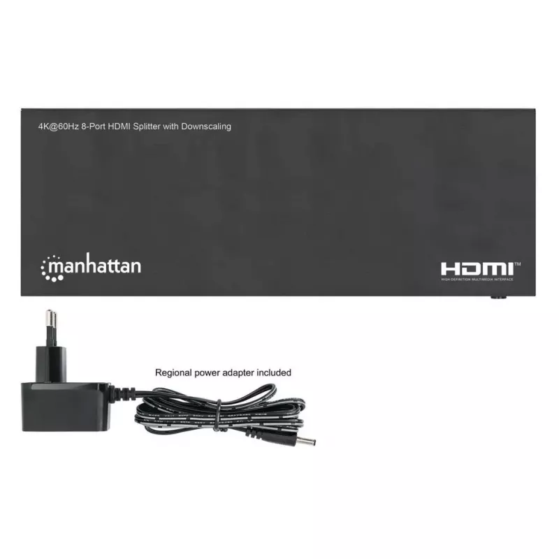 Manhattan 4K@60Hz 8-portowy rozdzielacz HDMI ze skalowaniem w dół, rozdziela jedno wejście HDMI na osiem wyjść HDMI (1x8), 18G, przełącznik EDID do skalowania w dół, czarny