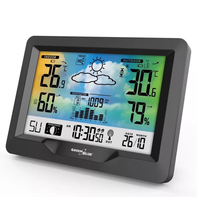 Hygrometer Thermometer GreenBlue GB540 — indoor 0–50°C / outdoor -20–65°C, zegar DCF, czujnik zewnętrzny 60 m, czarny