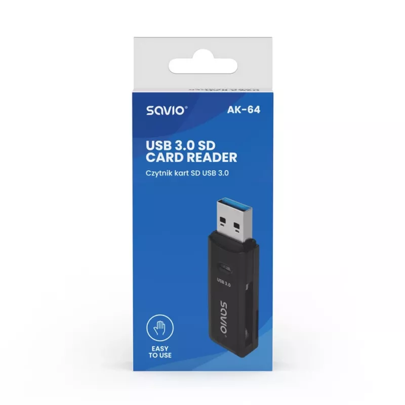 Czytnik kart SAVIO AK-64 USB 3.2 Gen 1 wyjście Type-A, slot MicroSD, 5000 Mbit/s, czarny