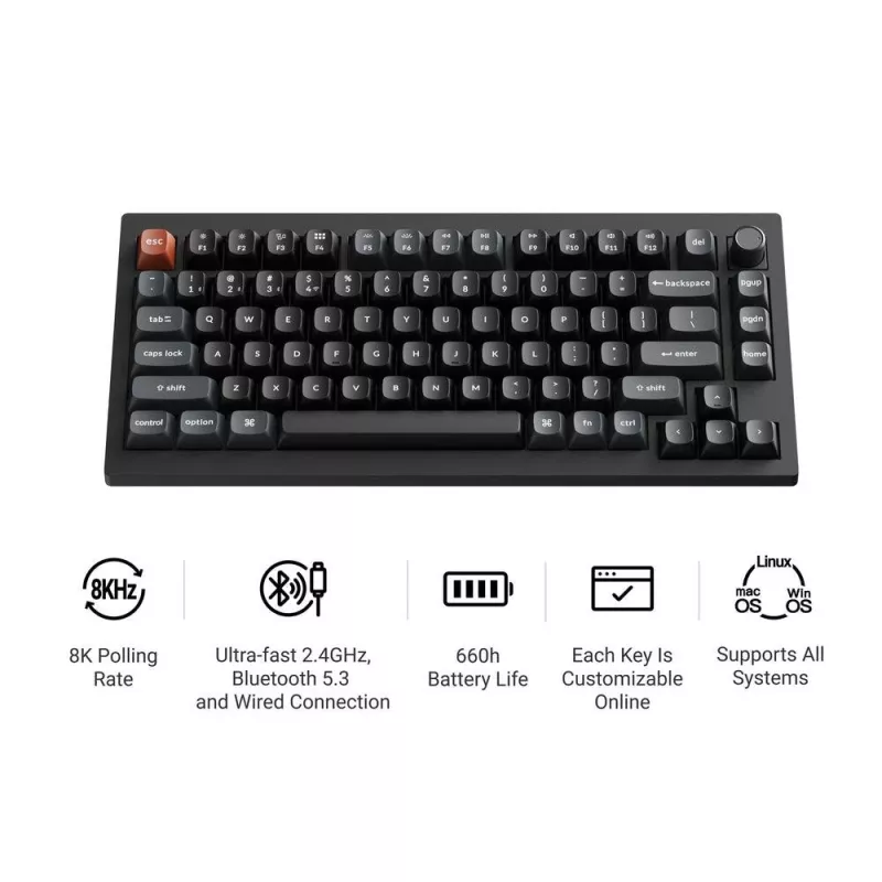 Klawiatura mechaniczna Keychron V1 Ultra 8K — format 75%, QWERTY, Bluetooth, RGB, czarna