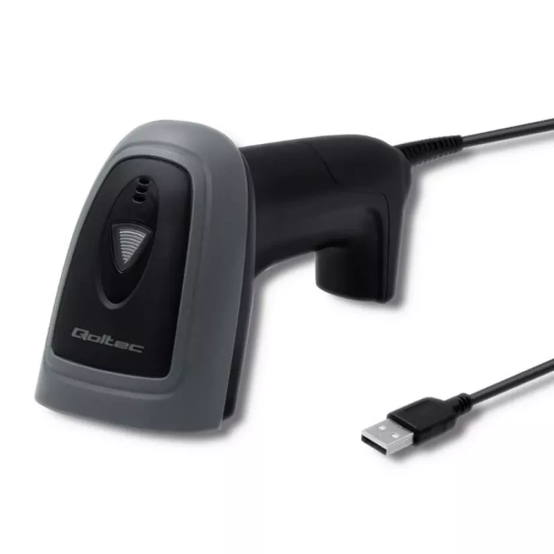 Ręczny czytnik kodów kreskowych QOLTEC 50863 — skaner 1D/2D, przewodowy USB, sensor LED, czarny, 5V, kabel 1,8 m
