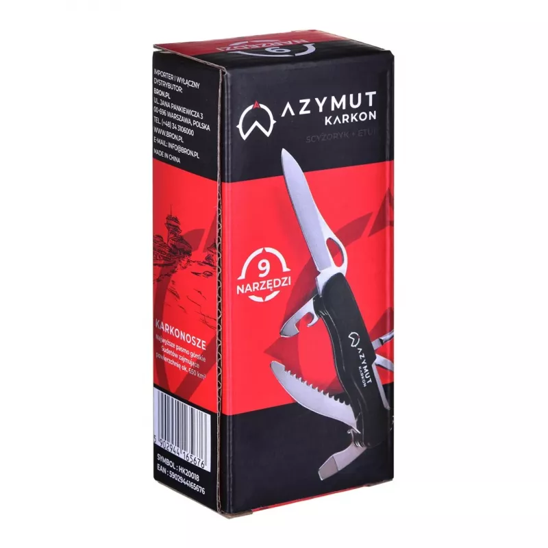 Scyzoryk AZYMUT HK20018 — pełnowymiarowy multitool, 9 narzędzi, stal nierdzewna 420J2/3CR13, złożony 11 cm, 146 g, skórzany futerał, brelok