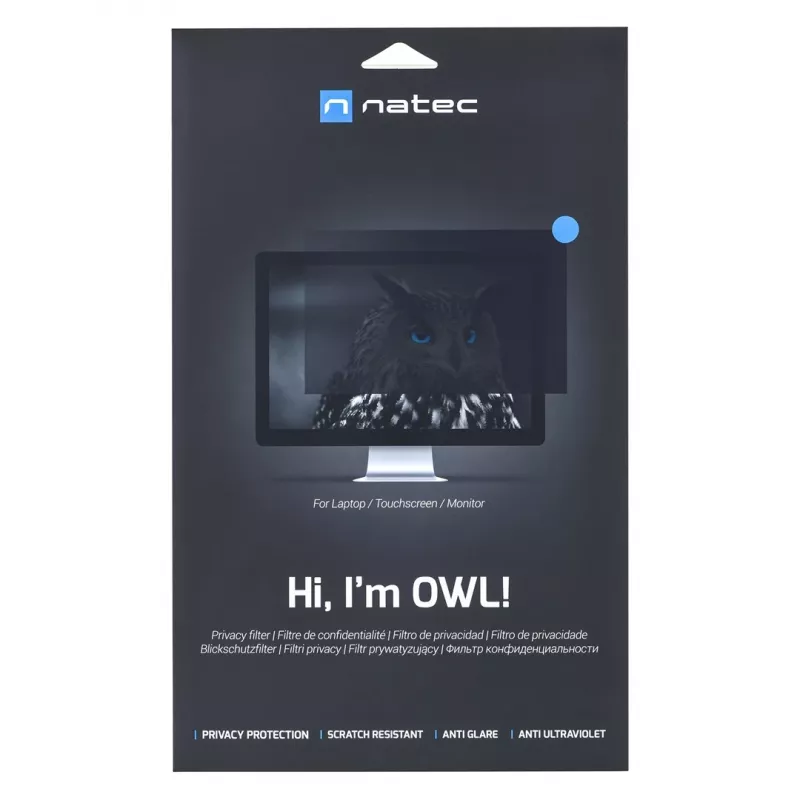 Bezramkowy filtr prywatności do wyświetlacza NATEC Owl 15,6 cala (344,7×194 mm) do laptopów LCD 16:9, kompatybilny z ekranem dotykowym