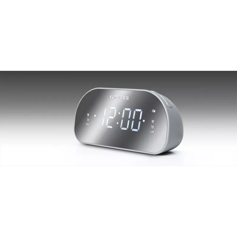 Zegar radiowy Muse M-170CMR — cyfrowy zegar radiowy, wyświetlacz LED 1,2 cala, FM, AC 230V, zapasowe AAA, lustro/biały
