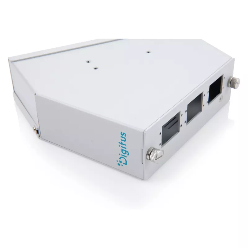 Rozdzielacz światłowodowy do sklejania na szynę DIN DIGITUS DN-96893 — kątowy, 6 SC DX / LC Quad, aluminium, szary