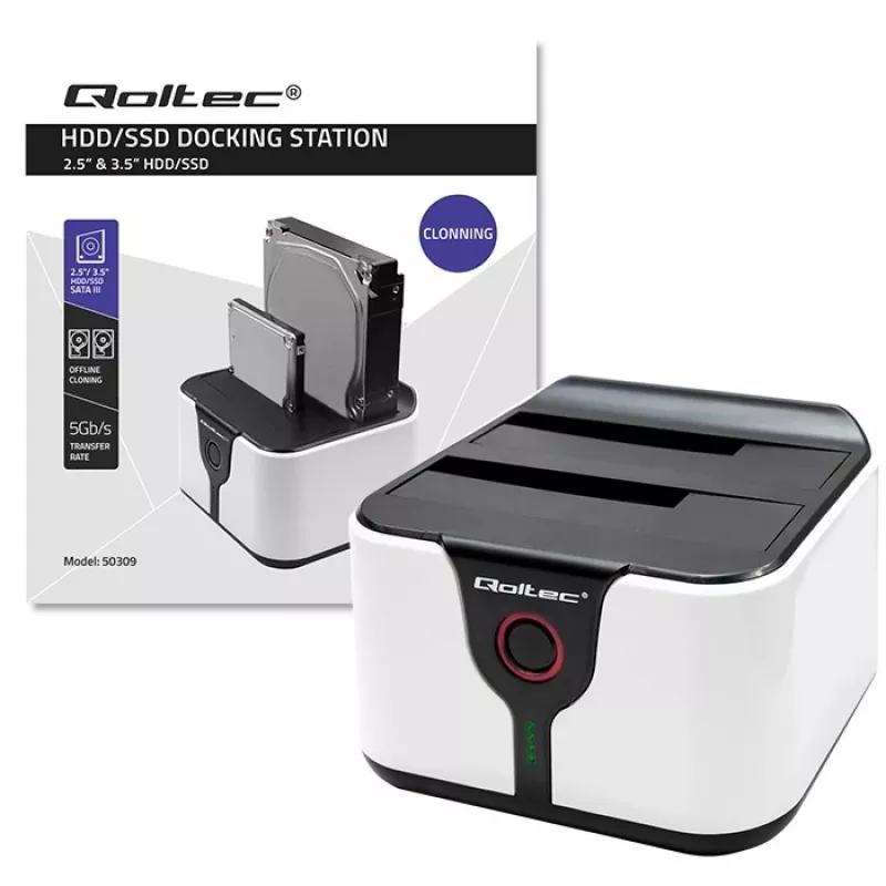 Qoltec 50309 stacja dokująca HDD SSD 2.5 3.5 | SATA III | USB 3.0 | Super speed 5Gb/s | z funkcją klonowania