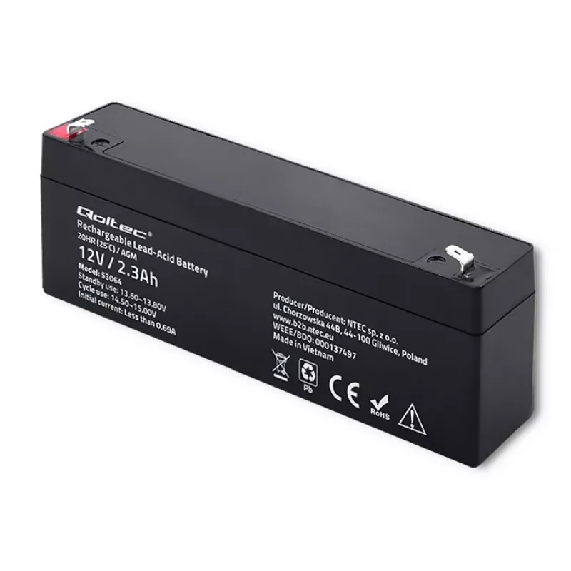 Szczelny akumulator AGM QOLTEC 12V 2,3Ah do UPS i systemów rezerwowych, maks. rozładowanie 34,5A