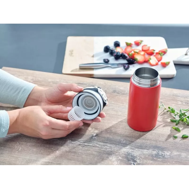 Kubek podróżny Leifheit 03245 stal nierdzewna 350 ml, dwuścienny, szczelny, pokrywa z odchylanym ustnikiem, czarno-czerwony