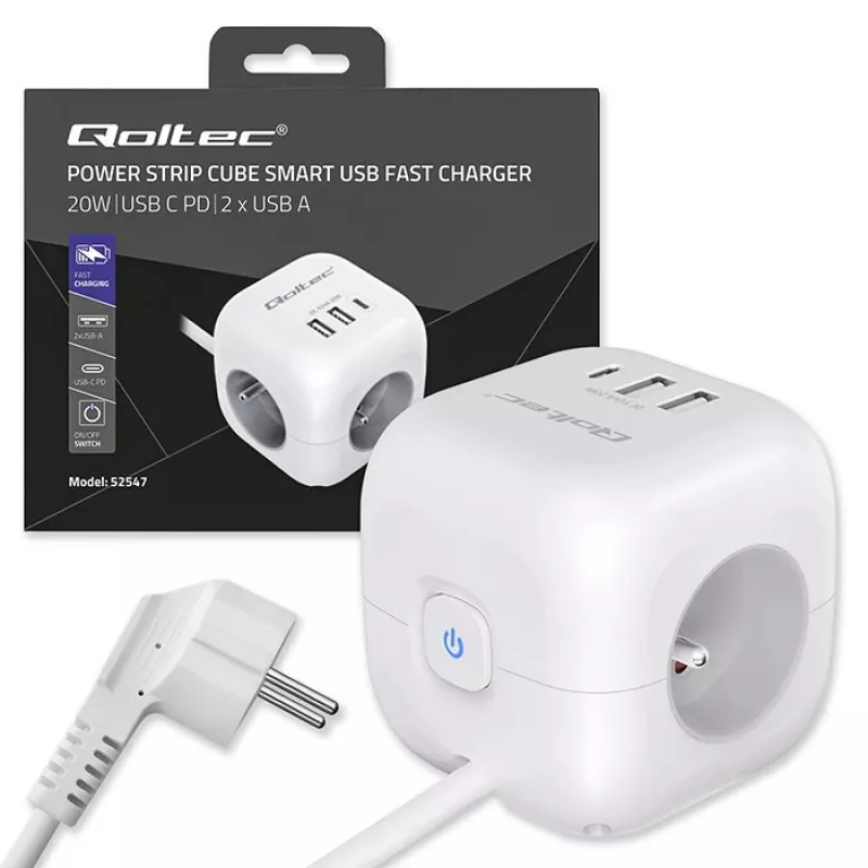 Listwa zasilająca Power Cube QOLTEC 52547 3× gniazda AC, 2×USB-A, 1×USB-C PD 20W