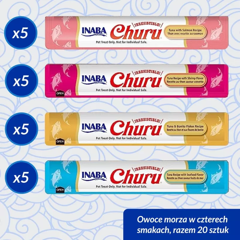 Mokre przysmaki dla kota INABA Churu Variety Box Seafood — 20 tubek x 14 g, pasta rybna, bez zbóż, bez cukru i glutenu