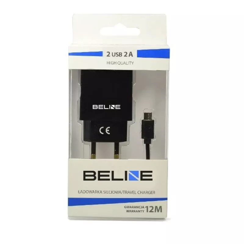 Ładowarka podróżna Beline Beli0011 — 2× porty USB, kabel microUSB, wyjście 2 A, czarna