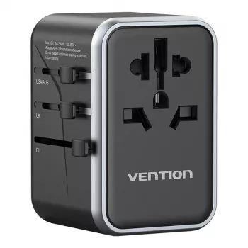 Adapter podróżny Vention FJFB0 65W — 2× USB-C PD/PPS, 2× USB-A (QC/BC), wyjście HDMI, aluminium/czarny