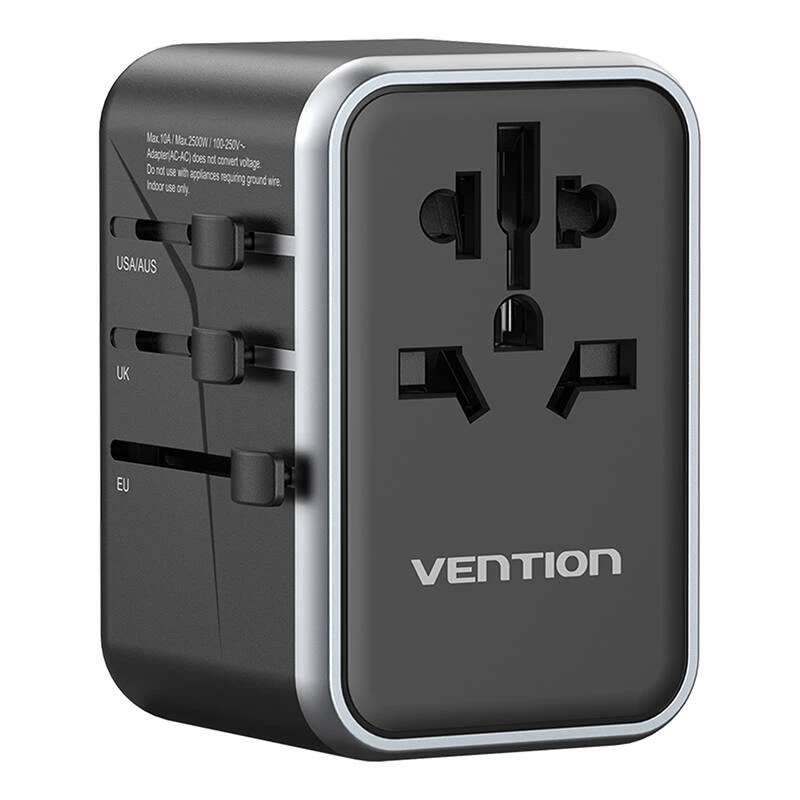 Adapter podróżny Vention FJFB0 65W — 2× USB-C PD/PPS, 2× USB-A (QC/BC), wyjście HDMI, aluminium/czarny