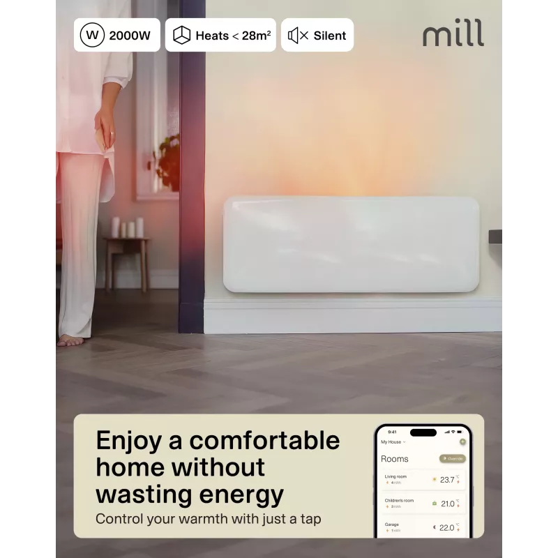 Mill Invisible Smart WiFi Heater | PA2000WIFI4 | Panel Heater | 2000 W | Do pomieszczeń do 24-28 m² | Biały | IPX4