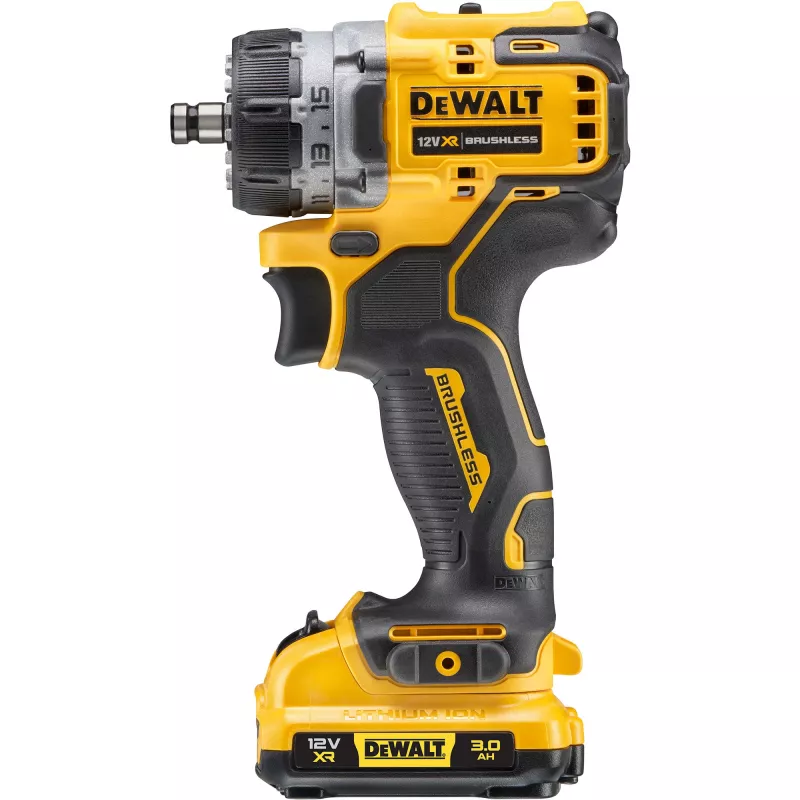 Wiertarka pistoletowa DeWalt DCD703L2T-QW — 12V, 3,0Ah x2, 1500 obr./min, uchwyt bezkluczykowy 10 mm, 25,5 N·m, 0,9 kg