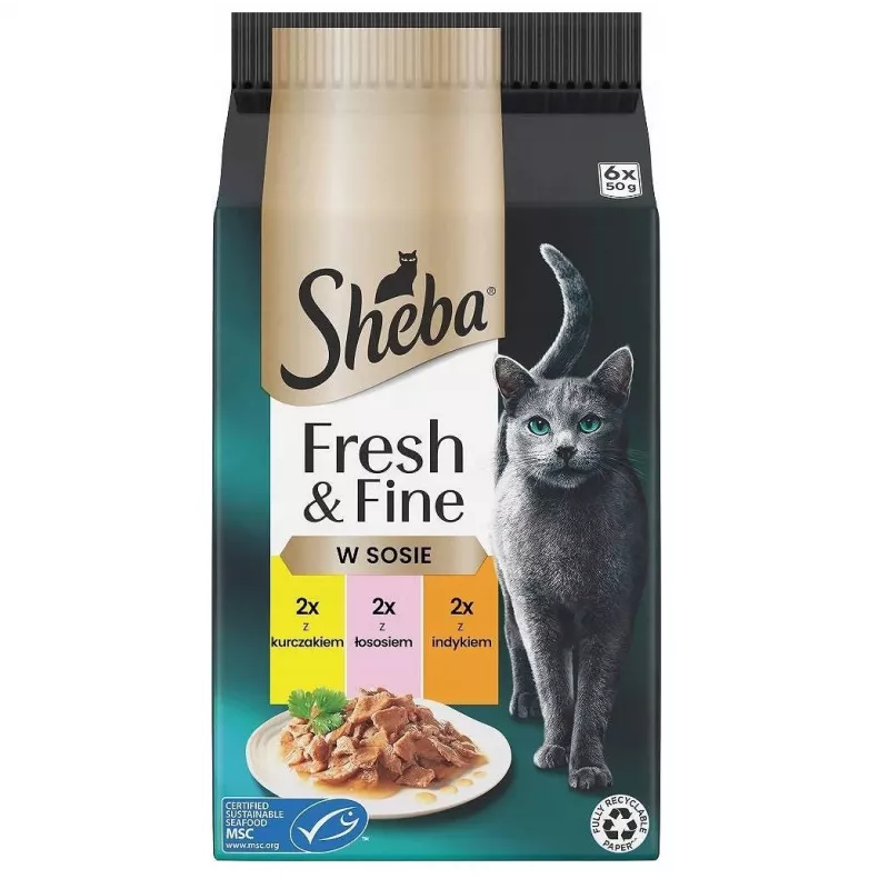 Mokra karma dla kota Sheba Mini Fish Dishes w sosie Fresh & Fine 6 x 50 g – karma mokra, 6x50 g saszetki, 84% wilgotności, 7,9% białka