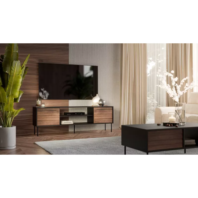 Szafka TV cama meble EF CORTINA 180×40×60 cm, blat czarny, rama orzech