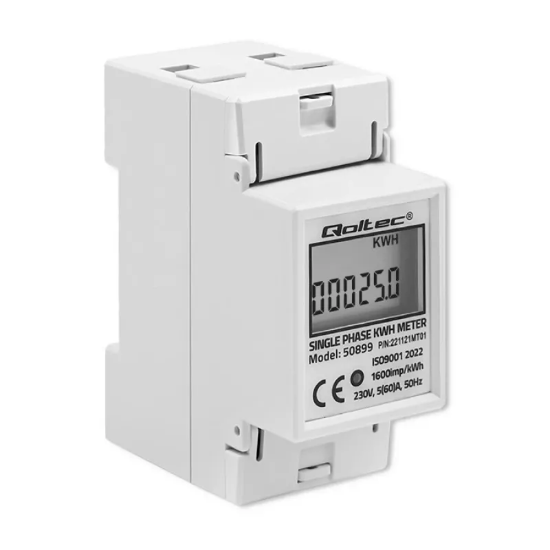 Jednofazowy licznik zużycia energii QOLTEC 50899 230 V 50 Hz, 5(60)A, Klasa 1.0, Wyświetlacz