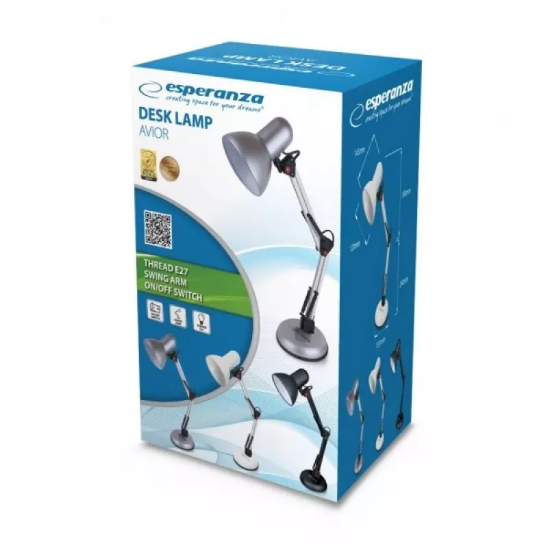 Lampa stołowa ESPERANZA AVIOR E27 12W LED, czarna, regulowana wysokość, giętkie ramię, gniazdo E27