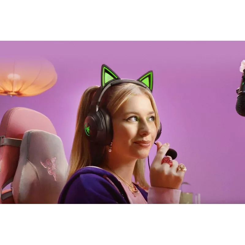 Kraken Kitty V2 – Czarny, Zestaw słuchawkowy do gier, Kocie uszy, Oświetlenie reagujące na stream, Mikrofon kardioidalny HyperClear, 40-milimetrowe przetworniki TriForce, Wbudowany w nauszniki mikrofon, Razer Chroma RGB (uszy i nauszniki), Dźwięk przestrz