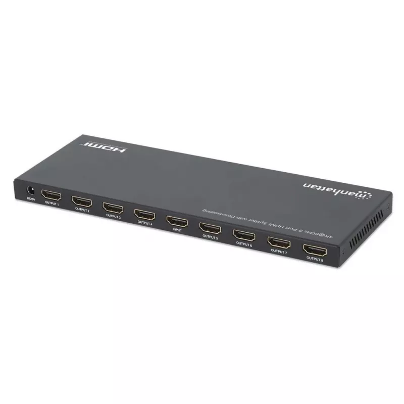 Manhattan 4K@60Hz 8-portowy rozdzielacz HDMI ze skalowaniem w dół, rozdziela jedno wejście HDMI na osiem wyjść HDMI (1x8), 18G, przełącznik EDID do skalowania w dół, czarny