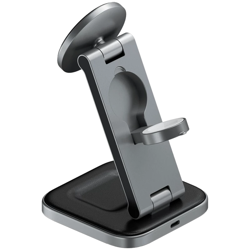 SATECHI 3-w-1 składana podstawka ładująca bezprzewodowo Qi2 (Space Gray) z wtyczkami typu A, C, G