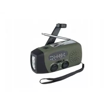 Radioodbiornik alarmowy FOSCO 464600 z latarką LED, powerbankiem, FM, IPX3, zasilanie solarne/ręczne/USB-C — zielono-czarny