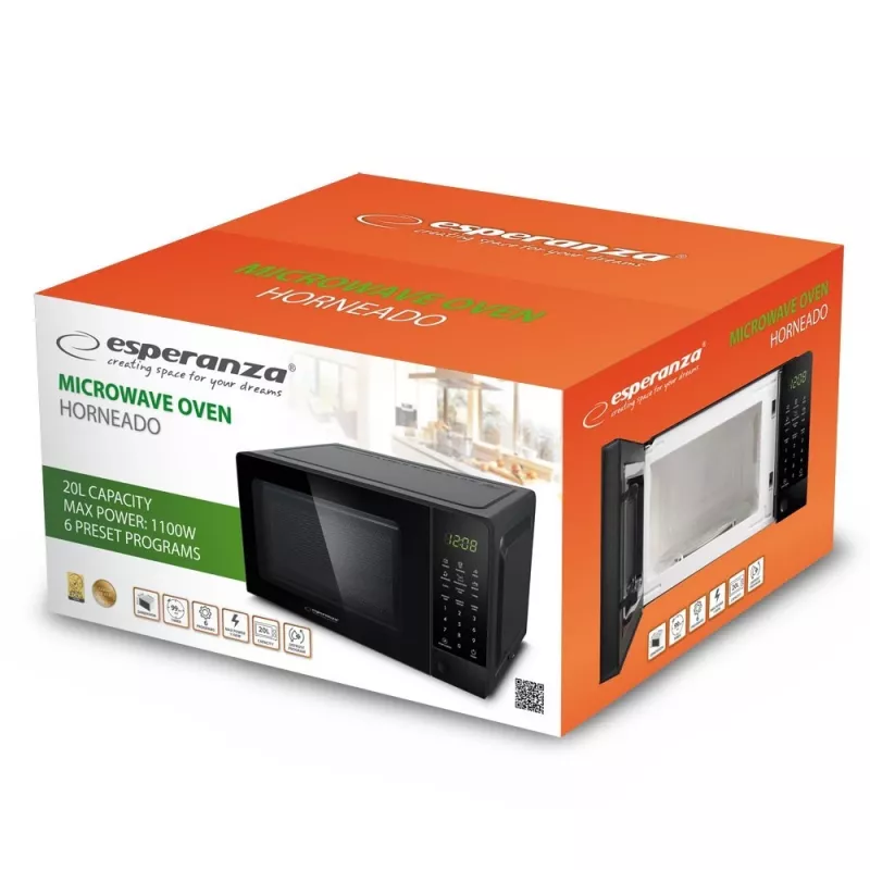 Kuchenka mikrofalowa solowa ESPERANZA EKO009 — 700 W, 20 L, wyświetlacz LED, sterowanie dotykowe, szklany talerz obrotowy 24,5 cm, czarna