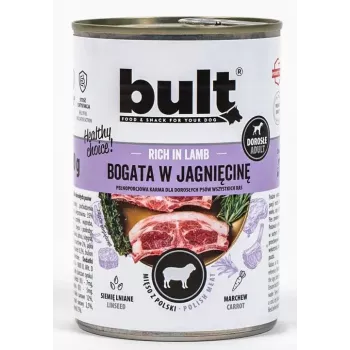 Mokra karma dla psów w puszce BULT Bogata w jagnięcinę 400 g — pełnoporcjowa dieta dla dorosłych psów, 75% wilgotności, 12% białka, 7,5% tłuszczu