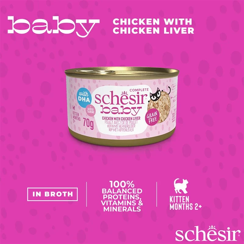 Mokra karma dla kotów Agras Pet Foods Schesir Baby in Brühe 70 g — kurczak, bezzbożowa, dla młodych kotów