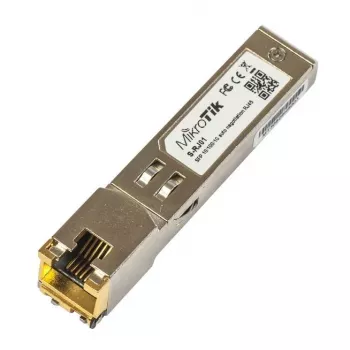 Moduł przełącznika sieciowego MikroTik S-RJ01 — 1× Gigabit Ethernet (RJ-45), 1000 Mbps, przepustowość 1,25 Gbit/s, zasięg transmisji 0,1 km
