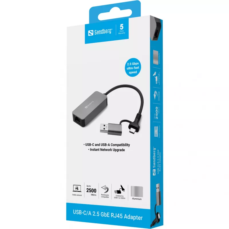 Adapter USB-C/A SANDBERG 136-68 z portem Ethernet RJ45 2.5 GbE