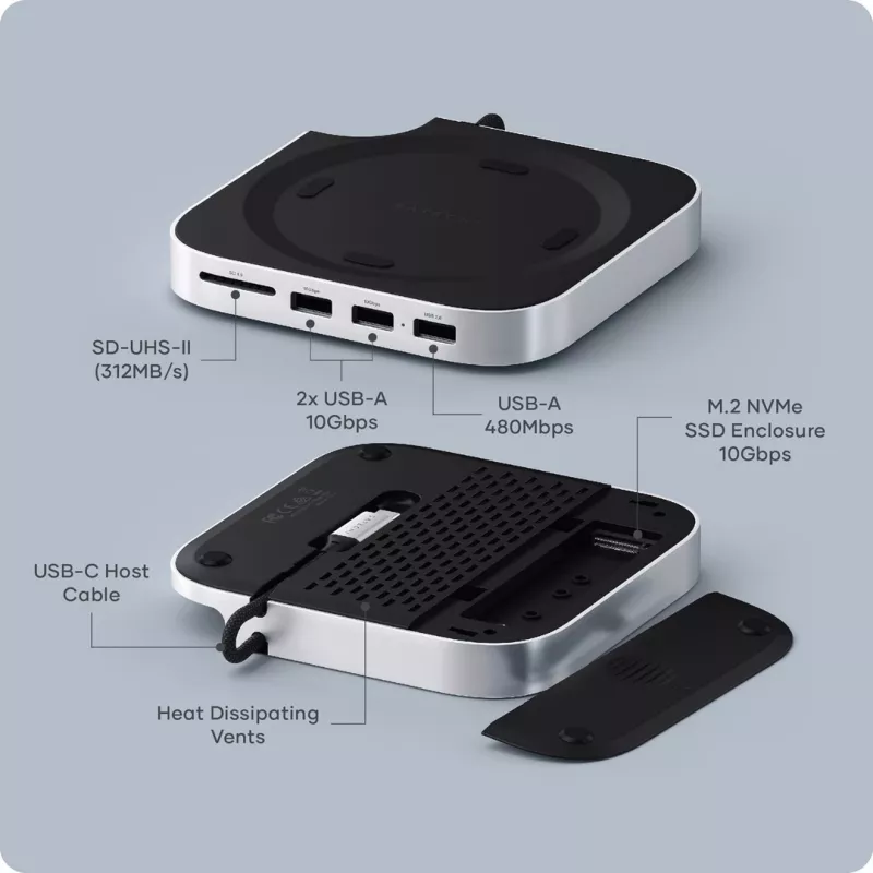 Satechi laptop dock/port replicator ST-GNMMES — przewodowy hub USB 3.2 Gen 2 Type-C, USB-A i SD, srebrny