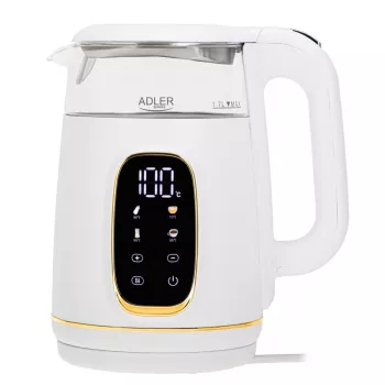 Czajnik elektryczny Adler AD 1305WG — 1,7 l, 2200 W, szkło/tworzywo sztuczne, biały/złoty/przezroczysty